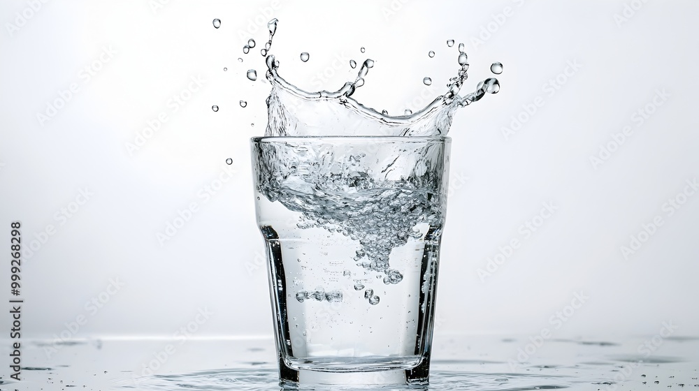 An representation of water splashing out of a glass frozen in time to highlight the movement and clarity of the water set against a clean white background for contrast An representation of water splashing out of a glass frozen in time to highlight the movement and clarity of the water set against a clean white background for contrast
