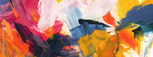 Vibrant abstract painting with bold strokes and a dynamic mix of colors, creating an energetic atmosphere.