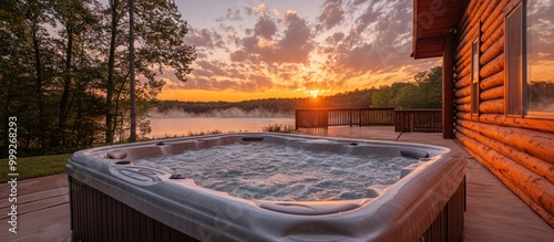 Hot tub on a wooden deck overlooking a lake at sunset.