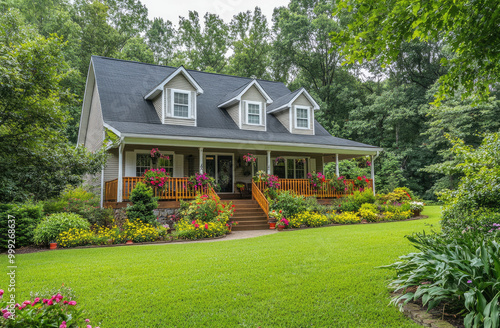 an elegant home with large windows, a front porch, and colorful flower beds in the yard. The house is beige-colored with white trim