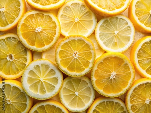 Freshly sliced citron fruit arranged in a circular pattern, glistening with dew, with its vibrant yellow skin and white pulp on display from a top view.