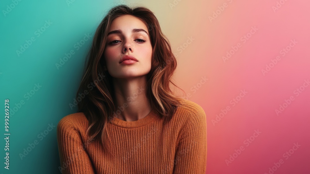 Fototapeta premium Thoughtful Brunette Woman in Warm Toned Studio Portrait