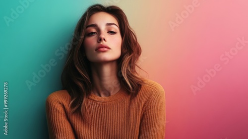 Thoughtful Brunette Woman in Warm Toned Studio Portrait