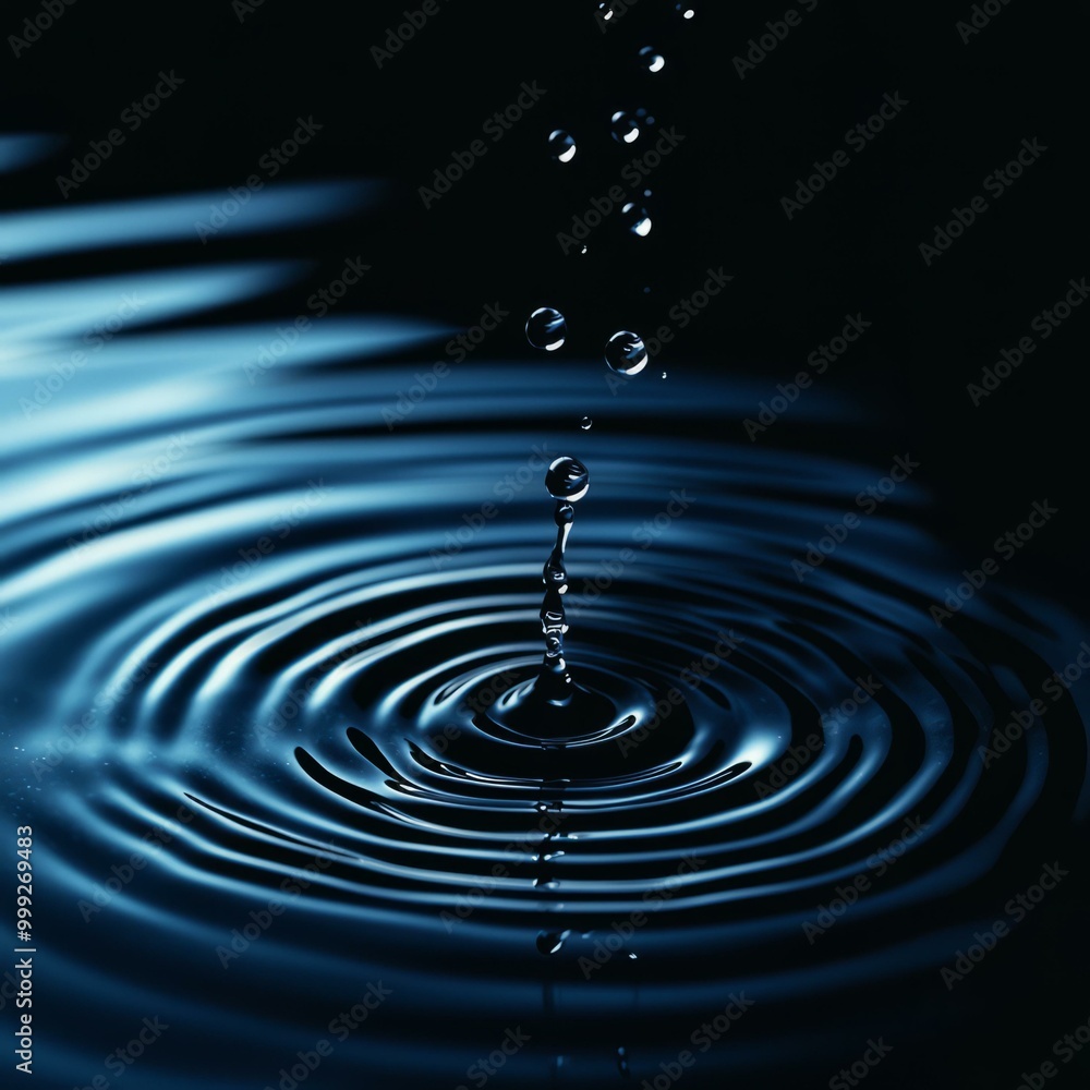 Water droplets creating ripples on a dark surface. Water droplets creating ripples on a dark surface.