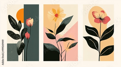 Abstract minimalist art. Style of geometric shapes and plants. Flowers, leaves. A set of paintings.