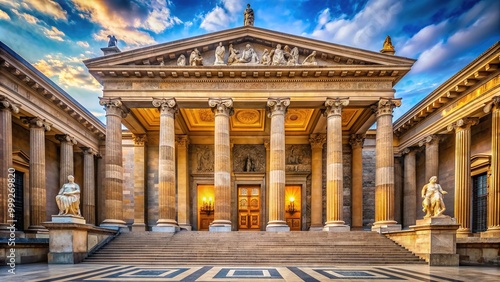 Imposing stone pillars and ornate frescoes adorn the grand entrance of a prestigious national museum of archaeology, showcasing ancient artifacts and relics. photo