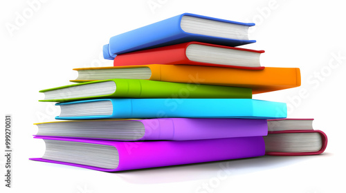 A stack of colorful books on a white background.