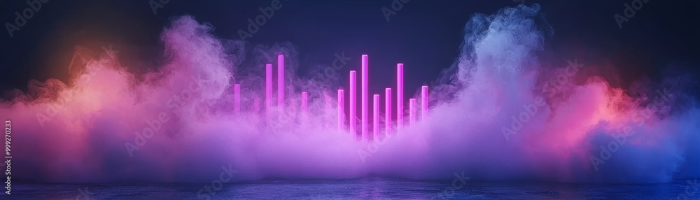 A vibrant representation of sound waves visualized through colorful bars emerging from a misty background. A vibrant representation of sound waves visualized through colorful bars emerging from a misty background.