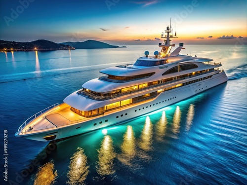 Luxurious white mega yacht with sleek design, multiple decks, and glitteringLights navigating calm turquoise ocean waters under a clear blue sky. photo