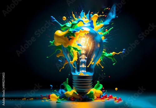 A creative light bulb explodes with colorful paint and splashes on a black background