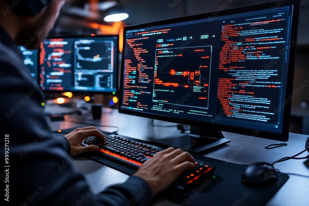 Close-up of a hacker's virtual machine running an exploit, with system access being gained through a vulnerability, showing the tools used to breach security Close-up of a hacker's virtual machine running an exploit, with system access being gained through a vulnerability, showing the tools used to breach security