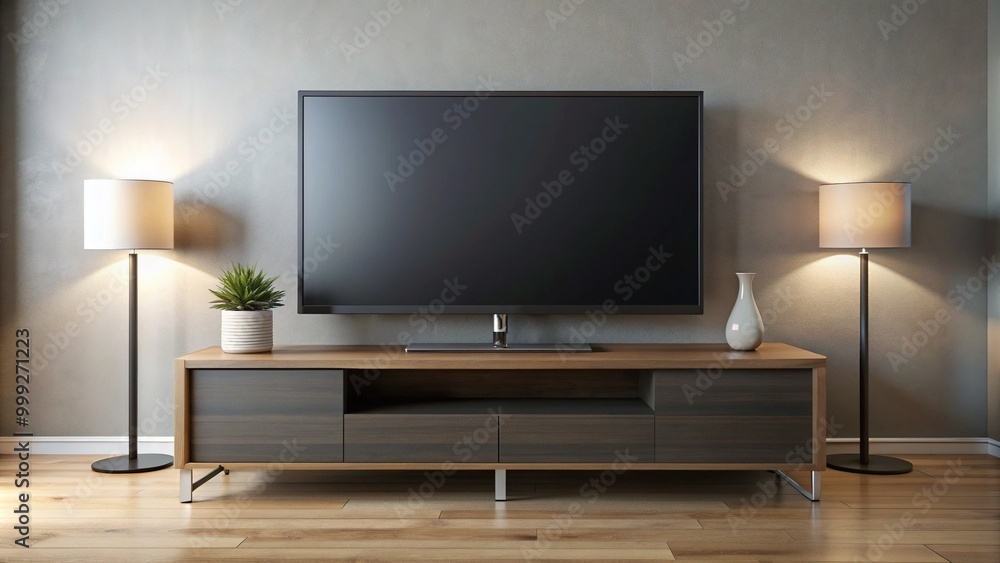 Modern flat screen television with a sleek design and smooth finish, turned off and displaying a dark blank screen in a quiet living room. Modern flat screen television with a sleek design and smooth finish, turned off and displaying a dark blank screen in a quiet living room.