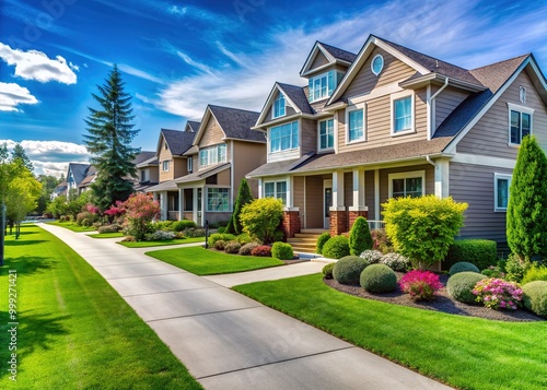 Modern suburban houses with well-manicured lawns and sidewalks, symbolizing profitable real estate investments and wise financial decisions in a thriving neighborhood setting.