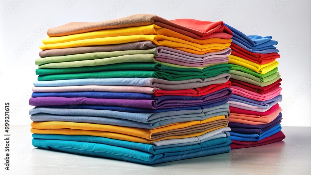 Neatly folded and stacked pile of various colored casual tees on a white background, showcasing a vibrant and organized clothing storage or retail display arrangement. Neatly folded and stacked pile of various colored casual tees on a white background, showcasing a vibrant and organized clothing storage or retail display arrangement.