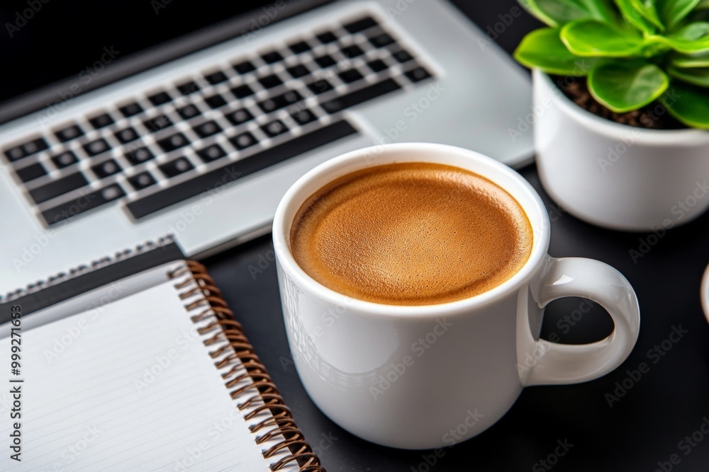 Coffee cup on a desk with a laptop and notebooks, creating a cozy, productive workspace environment, symbolizing focus and energy Coffee cup on a desk with a laptop and notebooks, creating a cozy, productive workspace environment, symbolizing focus and energy