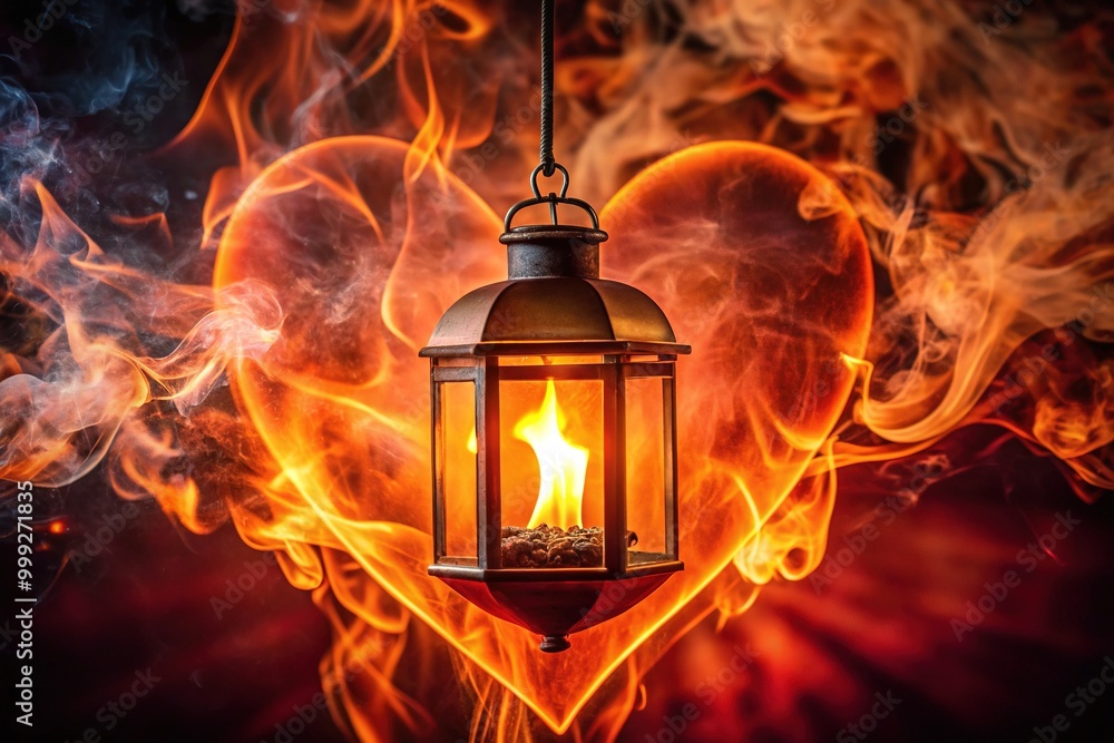 Passionate flames engulf a heart-shaped lantern, symbolizing a burning romance, amidst a dark and mystical atmosphere, evoking intense passion and all-consuming love. Passionate flames engulf a heart-shaped lantern, symbolizing a burning romance, amidst a dark and mystical atmosphere, evoking intense passion and all-consuming love.