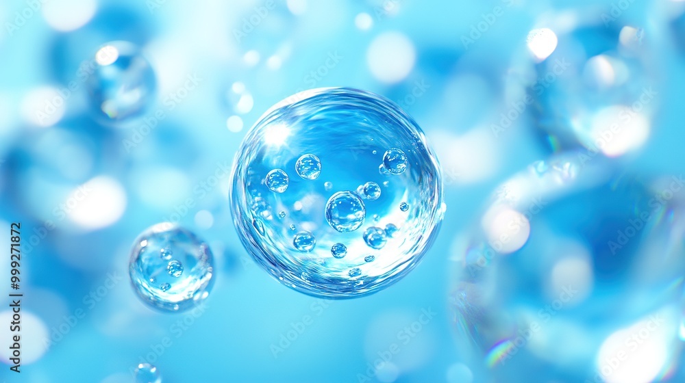 cosmetic skin cells Molecule Essence Ball Essence. blue background cosmetic skin cells Molecule Essence Ball Essence. blue background