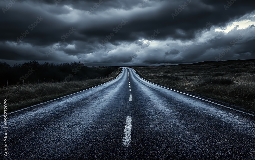 Empty Road Under Dark Cloudy Sky Symbolizing Loneliness and Uncertainty of Grief Empty Road Under Dark Cloudy Sky Symbolizing Loneliness and Uncertainty of Grief