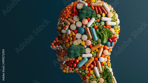 Dynamic visualization of a flow of various vitamins minerals and nutrients forming an abstract body shape showcasing the concept of balanced wholesome nutrition and a healthy lifestyle
