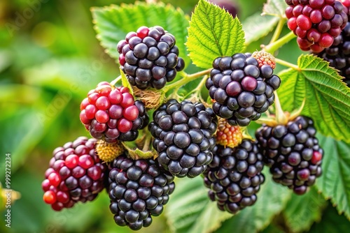 Wallpaper Mural Ripe blackberries glisten on a thornless cane in a lush green background, showcasing the juicy, dark purple fruit's sweet and tangy summer appeal. Torontodigital.ca