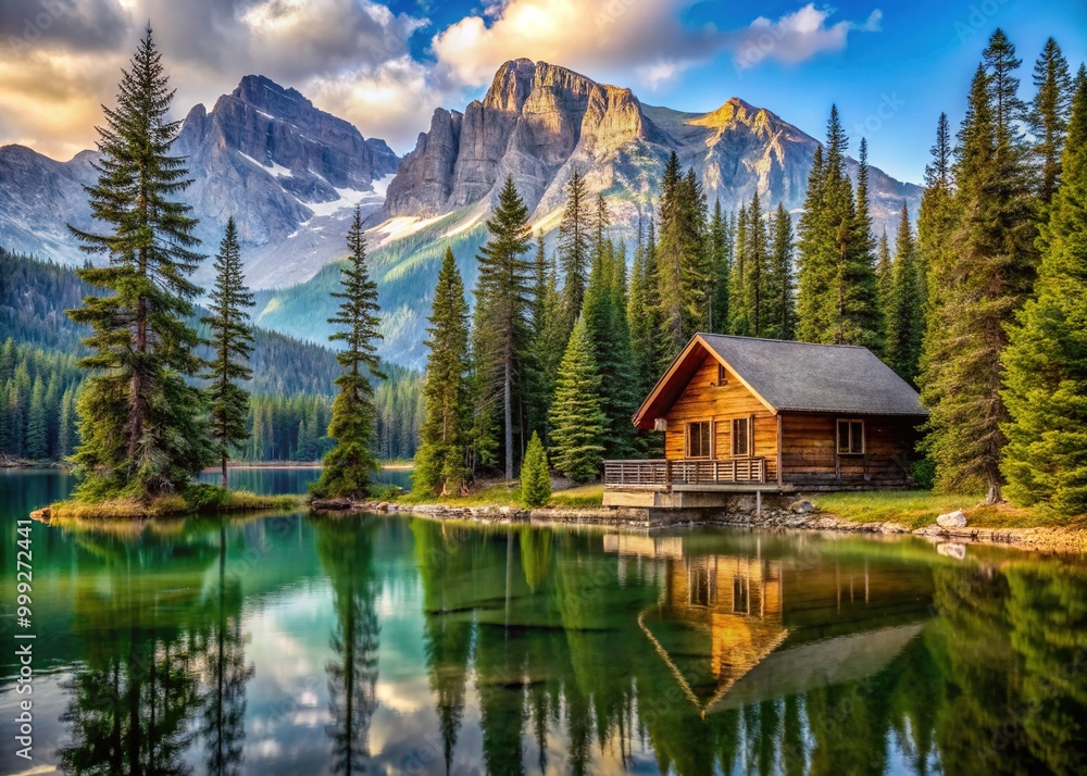 Fototapeta premium Rustic wooden cabin surrounded by tall pine trees with a serene mountain lake in the background, evoking a sense of peaceful wilderness retreat.