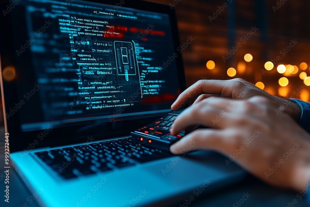 Detailed shot of a hacker running a keylogger, showing the fine details of the software interface as it silently captures keystrokes on a laptop Detailed shot of a hacker running a keylogger, showing the fine details of the software interface as it silently captures keystrokes on a laptop
