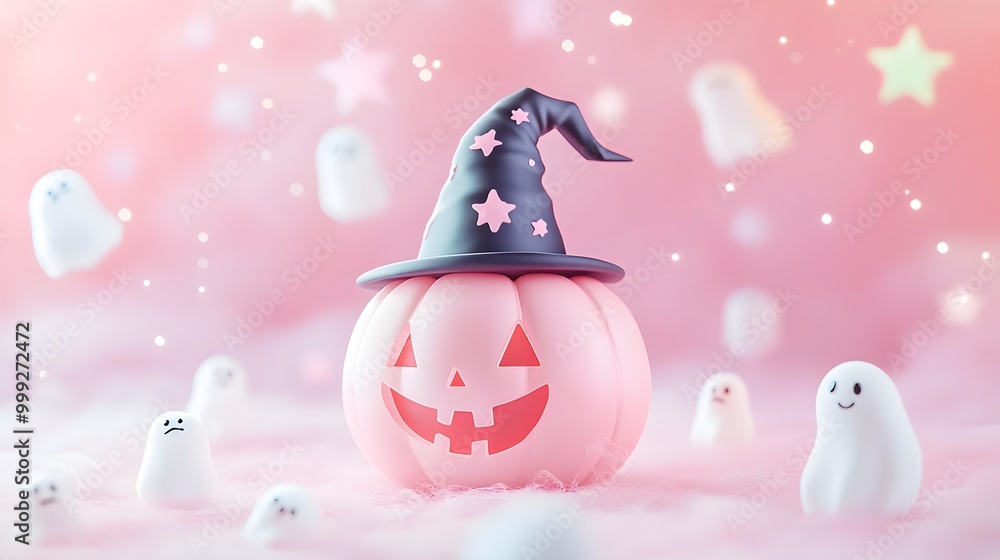 Obraz premium A soft pink pumpkin with a witch hat surrounded by tiny pastel ghosts and stars in the sky