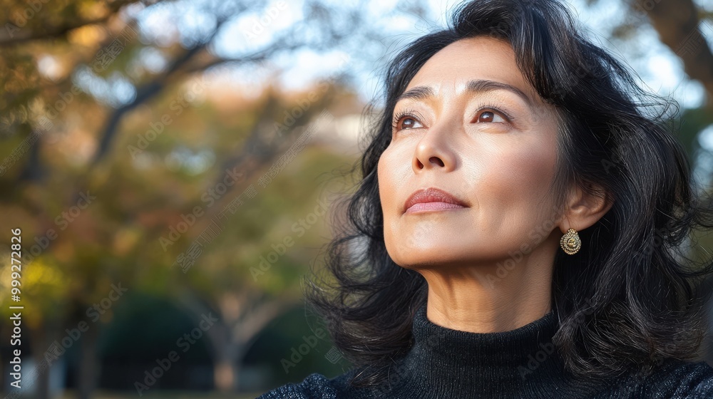 日本の秋の景色の中で反省とインスピレーションを得る思慮深い中年女性 日本の秋の景色の中で反省とインスピレーションを得る思慮深い中年女性