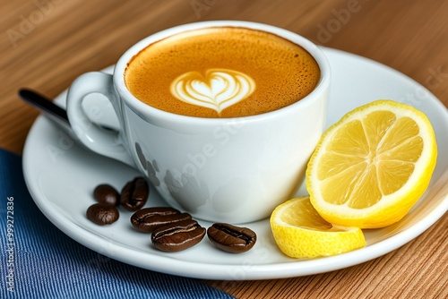 Espresso served with a twist of lemon, showing the simplicity and elegance of a classic Italian coffee preparation