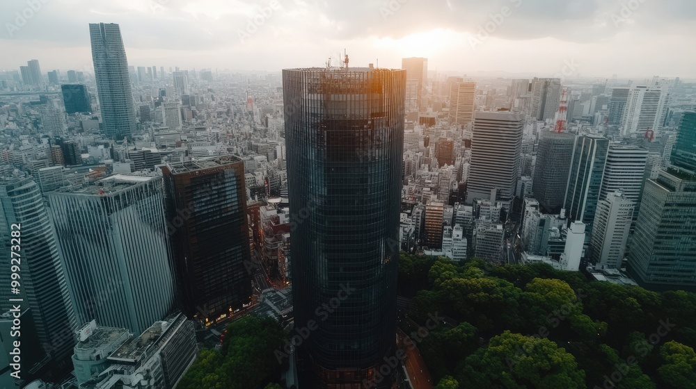Obraz premium 夕暮れ時のモダンな東京のスカイライン：印刷物やポスター用の都市の融合