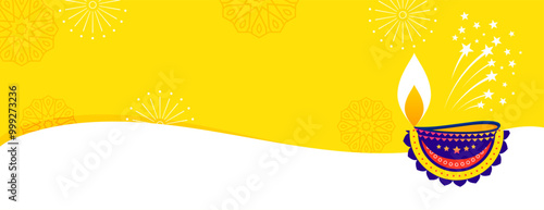 white yellow artistic diwali diya event banner with text space