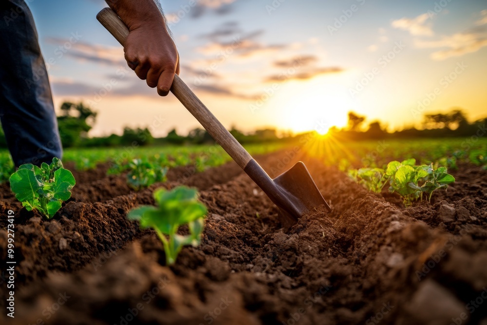 Farmer using a shovel to dig irrigation channels, with the sun rising over the field, showing the labor and care involved in agriculture Farmer using a shovel to dig irrigation channels, with the sun rising over the field, showing the labor and care involved in agriculture