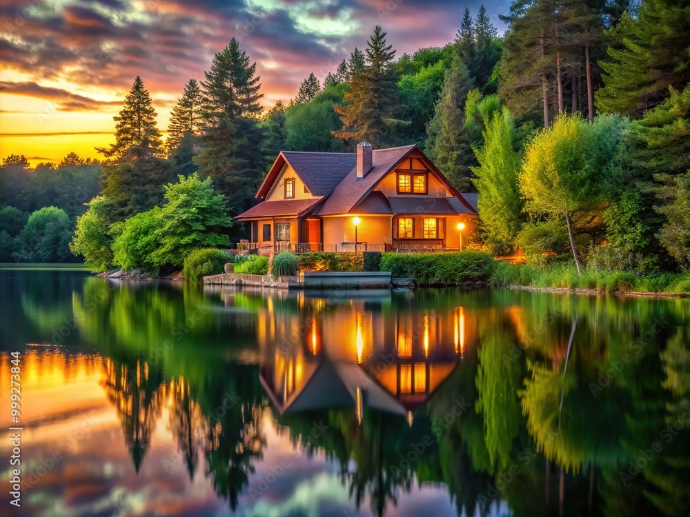 Serene summer evening scene of a cozy lakeside home surrounded by lush green trees, with a tranquil lake reflecting the warm sunset colors. Serene summer evening scene of a cozy lakeside home surrounded by lush green trees, with a tranquil lake reflecting the warm sunset colors.