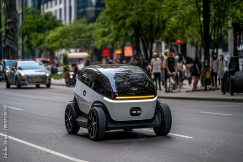 Futuristic delivery robot on a city street, navigating through pedestrians and traffic autonomously, delivering packages to a high-tech neighborhood