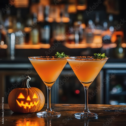 Two pumpkin martini on the bar counter with pumpkin lantern for halloween party. Festive cocktails