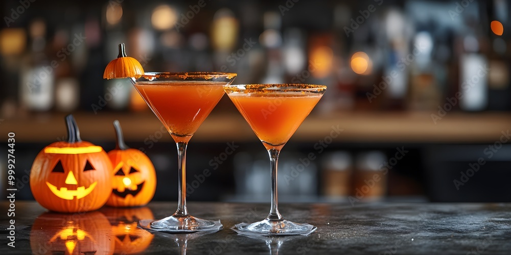 Two pumpkin martini on the bar counter with pumpkin lantern for halloween party. Festive cocktails Two pumpkin martini on the bar counter with pumpkin lantern for halloween party. Festive cocktails