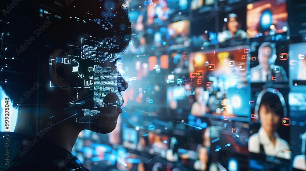 Person's silhouette is surrounded by a digital network representing the interconnectedness of our virtual world. Person's silhouette is surrounded by a digital network representing the interconnectedness of our virtual world.