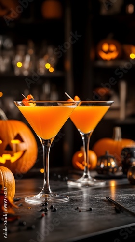 Two pumpkin martini on the bar counter with pumpkin lantern for halloween party. Festive cocktails