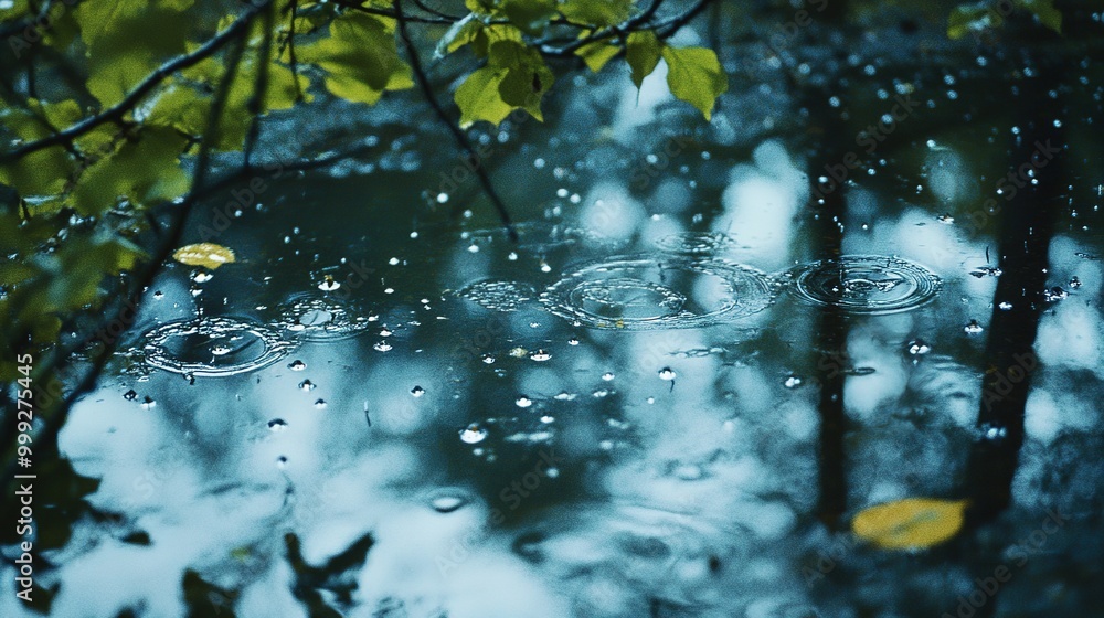 Naklejka premium Raindrops rainstorm weather wet forest puddles trees branches clouds. in the forest