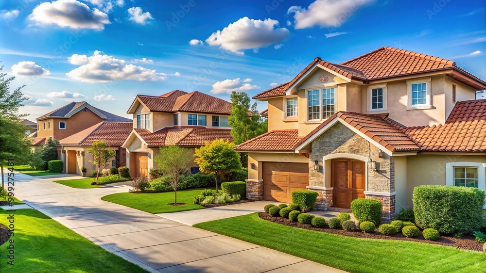 Sun-kissed suburban neighborhood in Texas with newly constructed homes featuring stucco exteriors, red-tiled roofs, and manicured lawns amidst a clear blue sky. Sun-kissed suburban neighborhood in Texas with newly constructed homes featuring stucco exteriors, red-tiled roofs, and manicured lawns amidst a clear blue sky.