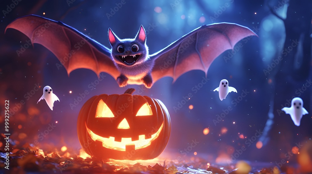 Naklejka premium A smiling pastel bat flying over a glowing jack-o-lantern with tiny ghosts floating around