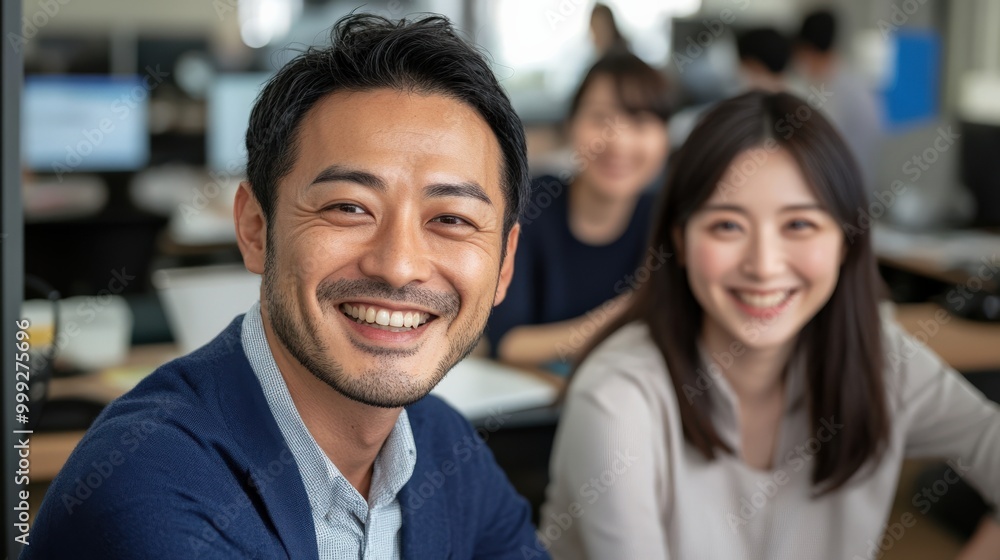 プロフェッショナルな使用のために、積極性とチームスピリットを表現する日本の笑顔のオフィスワーカー プロフェッショナルな使用のために、積極性とチームスピリットを表現する日本の笑顔のオフィスワーカー