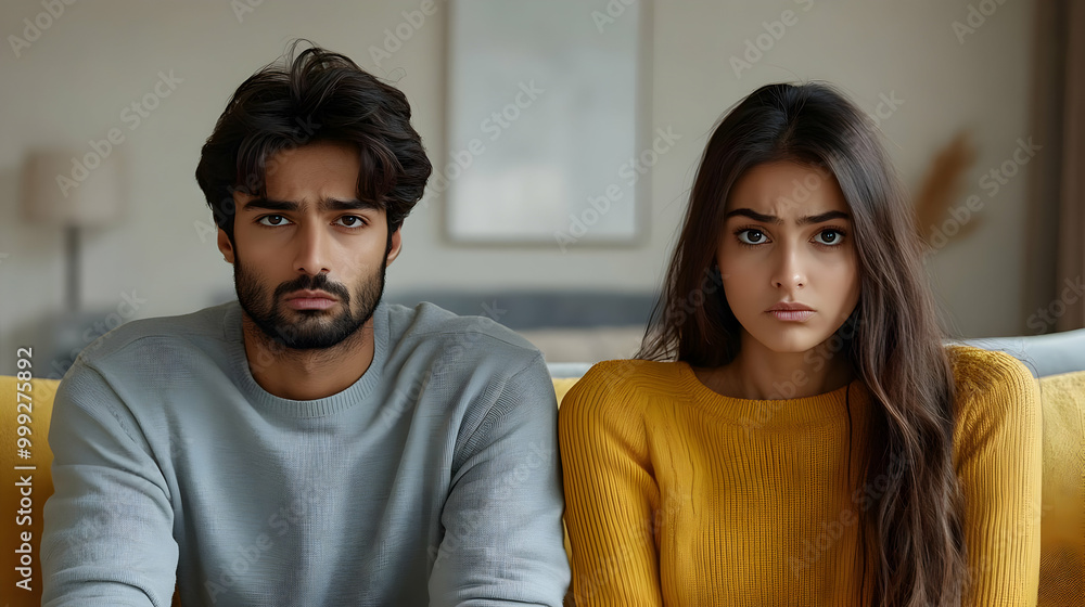 Couple Sitting on Couch Looking Sad and Disappointed Couple Sitting on Couch Looking Sad and Disappointed