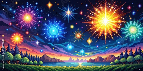 Vibrant, colorful 8-bit pixel art sparkles explode in a mesmerizing display of retro digital magic, surrounded by a radiant glow and starry night sky.