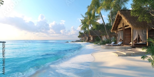 Fototapeta Naklejka Na Ścianę i Meble -  Serene Island Paradise Featuring White Sand Beach, Wooden Decks, and Oceanfront Bungalows with Lounge Chairs