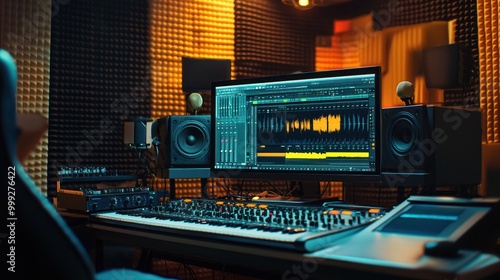 A recording booth setup with a computer and sound editing software. photo