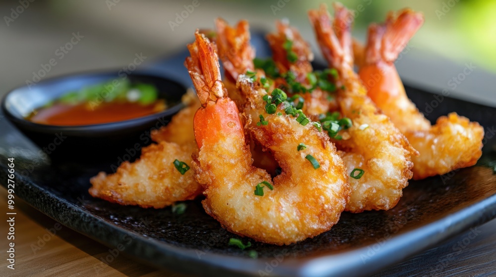 日本料理:伝統的な皿に盛られたサクサクのエビの天ぷらは料理の楽しみ 日本料理:伝統的な皿に盛られたサクサクのエビの天ぷらは料理の楽しみ