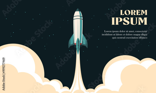 Rocket ship take off illustration 80's background. Suitable for space mission launch and technology banner.