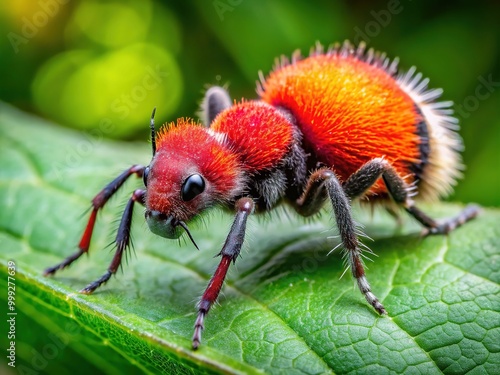 Vibrant red velvet ant, Dasymutilla occidentalis, stands on a green leaf, its furry body and distinctive hairstyle glistening in the bright sunlight. photo