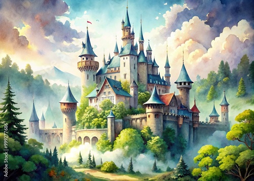 Whimsical watercolor illustration of a majestic castle with turrets, towers, and a grand hall, surrounded by lush greenery and a serene misty atmosphere. photo